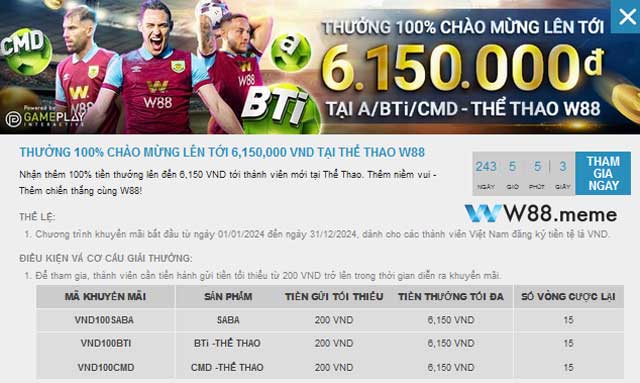 Thông tin về ưu đãi chào mừng tại thể thao w88